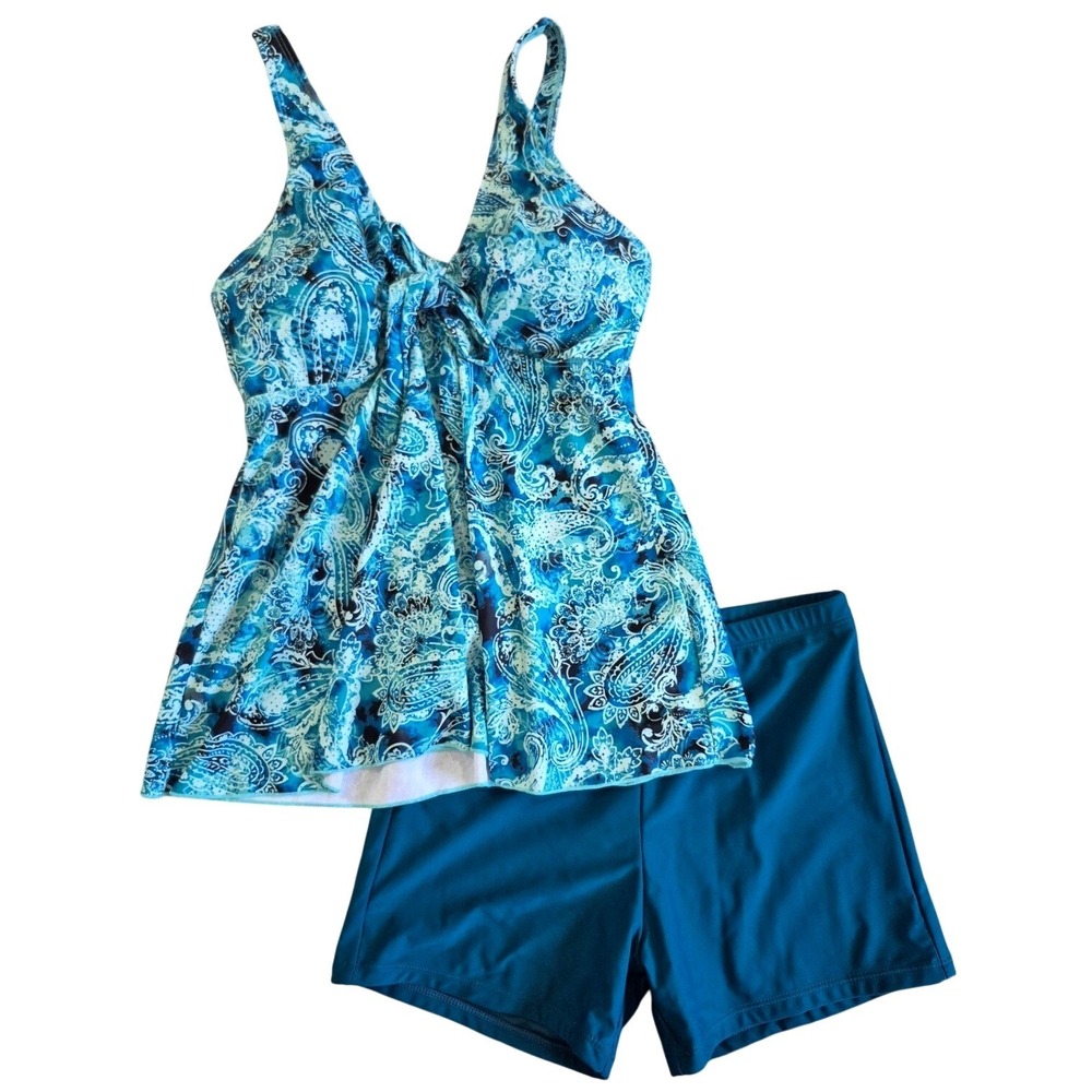 Yonique Blue Paisley Tankini Swimsuit‎ Set with Boy Shorts Size Small New